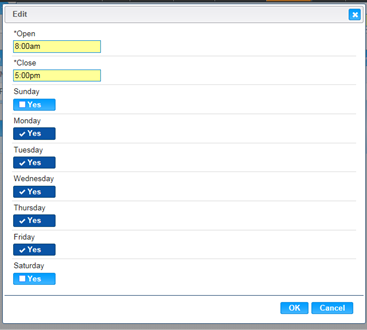 Clinic Default Settings - Add or Edit Open Hours